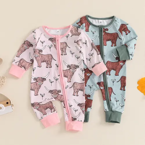 Ma&Baby Western Baby Cowboy Clothes Neutral Zipped Fall Romper Outfit for Boy Girl Infant Lapel Cow Print  Jumpsuit
