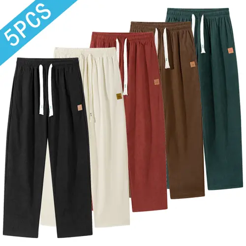 Men’s Summer Corduroy Pants (Pack of 5) - Baggy Straight, Loose Casual Fit, Beige Plain, Elastic-Drawstring Waist, Soft Skin-Friendly Comfi Mix-and-Match Casual Men's Bottoms, Baggy Pants, Casual Men's Pants