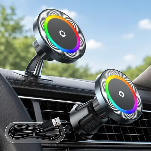 LAMTTO 15W MagSafe Car Mount Charger, Vibrant LED Vent/Dashboard Mount, [Stable & Fast] Magnetic Wireless Charging Car Phone Mount, Anti-Vibration 360°Adjustable Car Phone Holder for iPhone 16/15/14/13/12