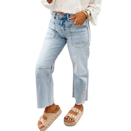Asvivid Women's Comfortable Frayed Cropped Straight Jeans, Stylish Streetwear Denim with Pockets, Bottoms, Basic