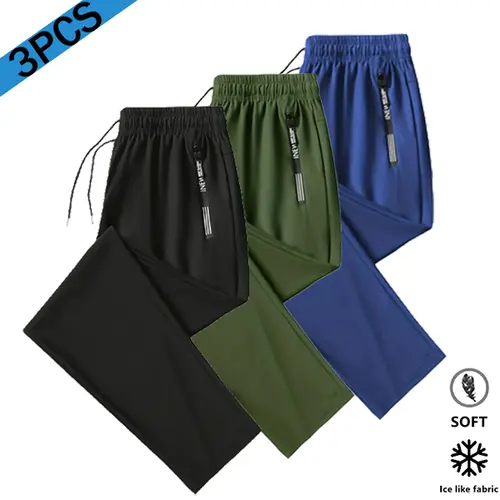 Men's 3-Pack Ice Silk Sportswear Pants - Casual Fit Drawstrings Mid Waist, Secure Deep Zipper Pockets, Quick Dry Breathable Menswear for Summer