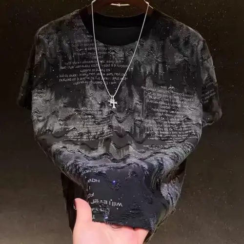 Men’s letter distressed top with sequin embellishments, men’s summer T-shirt, summer casual shiny top, men’s graphic T-shirt, men’s street style, gothic-style T-shirt (no accessories) sohochic
