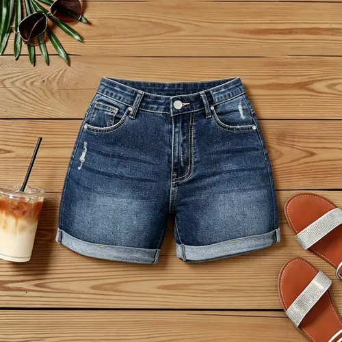 Women's Summer New High Elasticity Ripped Denim Shorts, Womenswear, Distressed Jean Shorts, Fashionable Button Rolled Hem Design, Versatile Slimming Fit Butt-Lift Jeans, Perfect for Casual Outing