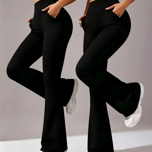 Women's 2-Pack High-Waisted Tummy Control Flare Pants - Elastic Waist, Solid Color Stretch Fabric, Pockets, Comfortable Minimalist Fit for Sports, Outdoor Activities, Trouser, Female, Sporty Chic,back to school,back to school haul