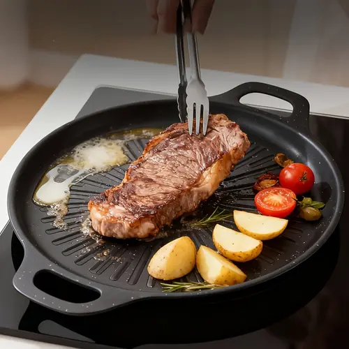 Non-Stick Grooved Edge BBQ Baking Tray - Sturdy, Durable, Compact, Lightweight Cookware with Dual Handles, Oil-Drain Grooves Keep Dishes Lighter, Grease Stays Off, Even Heating, Induction & Stove Compatible, Quick Wipe Cleanup for Family Use