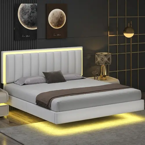 Belffin King Size Floating Bed Frame with LED RGB Mood Lighting - Upholstered Soft Headboard, Wood Slats Support, No Box Spring Needed, Noise-Free Glam Modern Bedroom Furniture [tiktokshopbacktoschool][SohoChic]