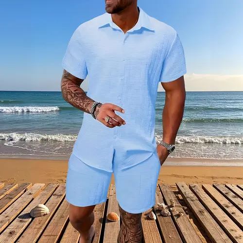 Men’s summer regular-fit two-piece set with short sleeves and shorts; two-piece pajama set; casual, comfortable button-up top and shorts; pajama set; men’s sleepwear/homewear; comfortable; outdoor; #SummerWins; #Father’sDayGift