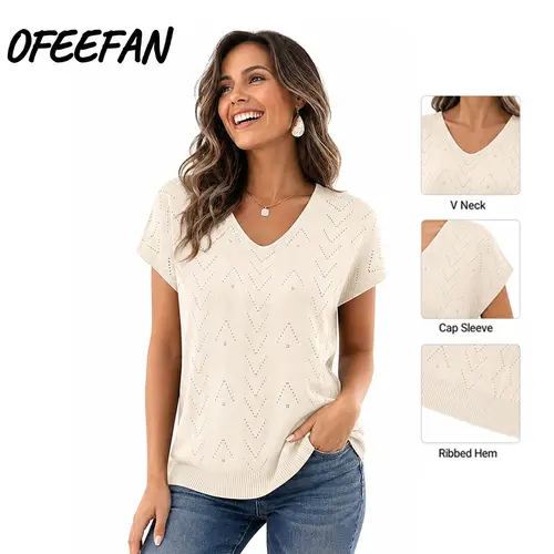 OFEEFAN Short Sleeve Sweater for Women V Neck Trendy Cute Tops Business Casual Outfits Cap Sleeve Womenswear Vneck Shortsleeve Loose