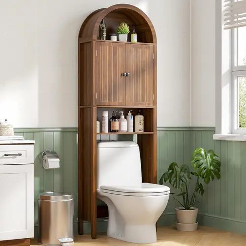 4-Tier Mid-Century Modern Slim Narrow Arched Over-The-Toilet Storage Cabinet - Fluted Doors, Adjustable Shelf, Wood-Paneled Multi-Compartmentalized Unit, Furniture for Small Spaces, Home Organization Storage, Bathroom Decor Ideas, Boujee Home Accessories