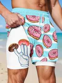 Men's Double-Layer Quick-Dry Shorts, Fun Donut Cartoon Pattern Drawstring Waist Summer Beachwear Drawstring Swim Shorts Swimming Shorts