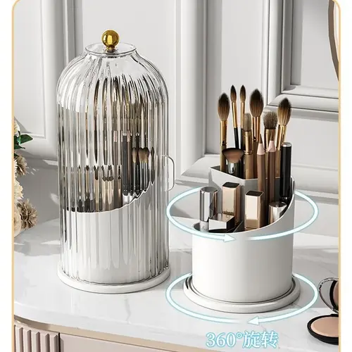 1-Tier Mini Transparent Plastic 360° Rotating Makeup Organizer - Modern Birdcage Cosmetic Brush Holder, Tabletop Dustproof Storage, Adjustable-Speed Stand, Collapsible Multifunctional Bins (Random Color, Not for Sale) Beauty Storage Solutions