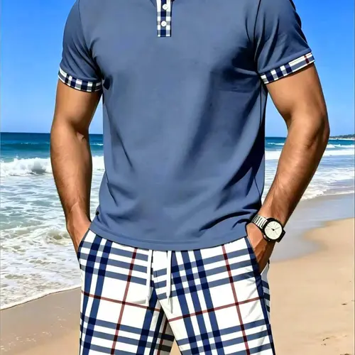 Men's Summer Short Sleeve Polo Shirt and Plaid Shorts Set, Outfit Sets, Blue Casual Beach Vacation Clothing, Slim-Fitting Design Tee