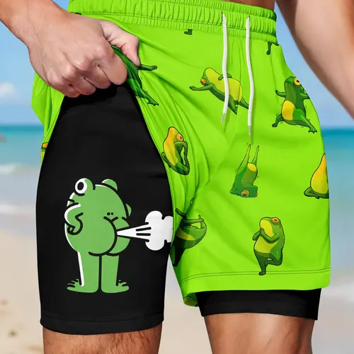 Men's Double-Layer Frog Print Baggy Shorts, Quick-Dry Anti-See-Through Lining, Drawstring Waist, Summer Beach Fitness Shorts, Casual Sports Shorts, Cartoon Graphic Shorts, Comfy Summer Shorts