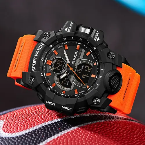 Sanda 6198 Dual Display Sports Watch, Quartz Watch, Analogue Quartz Watch, Analog Quartz Watches, 50m Waterproof, Waterproof Quartz Wristwatch, Waterproof Sport Watches, Night Vision, Scratch-Resistant Acrylic Mirror, Tpu Strap, Hardcore Functional Style