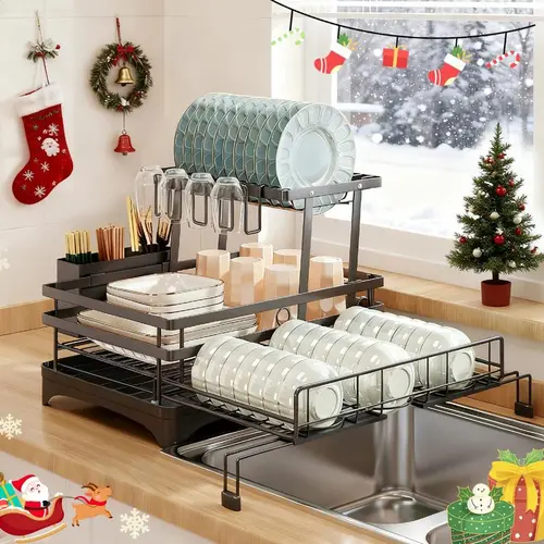 2-Tier Rustproof Stainless Steel Over Sink Dish Drying Rack - Pull-Out, Foldable with Utensil Holder, Space-Saving Kitchen Organizer for Small Kitchen Counters & Dishware