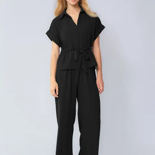Women's Casual Everyday Collared Rolled-Up Short-Sleeve Top & Wide-Leg Trousers Co-ord, Skin-Friendly Waist-Tie Two-Piece Set for Spring & Summer, Minimalist Clothes