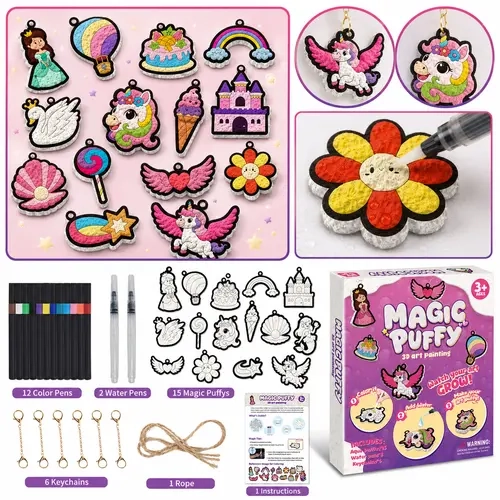 37 Pcs Magic Puffy 3D Art Painting Kit for Kids, Princess & Fantasy Puffy Craft Set with 15 Magic Puffies, 12 Color Pens, 2 Water Pens, 6 Keychains, DIY Texture Painting Kit, Creative Toy Gift for Kids