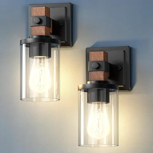 EDISHINE Wall Sconces Set of 2, Farmhouse Vanity Lights Fixtures for Bathroom, 1-Light Faux Wood Rustic Bath Wall Mount Lamp with Clear Glass Shade for Hallway, Living Room, Mirror, Kitchen