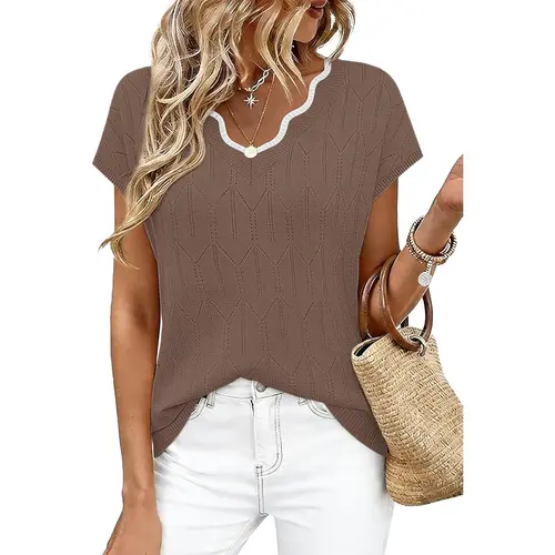 WIHOLL Fashion SwimWeek Womens Tops Summer Short Sleeve Sweater V Neck Shirts Beach Vacation Clothes Business Casual Fashion Clothing