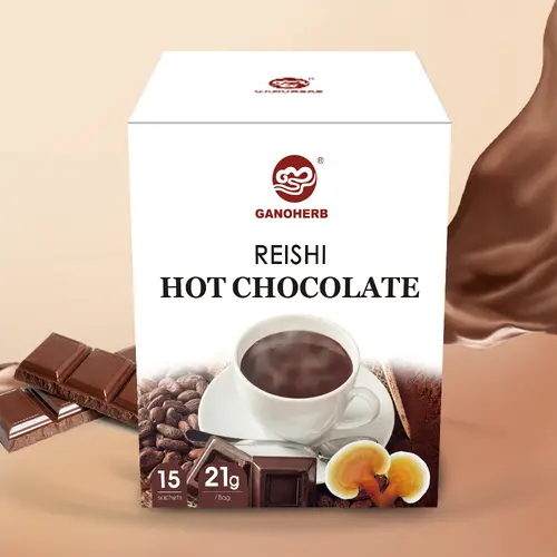 GANOHERB Reishi Cocoa Hot Chocolate Powder - 15 Individual Sachets Box, Enriched with 6 Adaptogenic Ingredients, Silky Smooth Sip, Rich Texture, Full-Bodied Flavor, Boosts Vitality Focus & Immunity, Ideal for Travel Office, All Ages