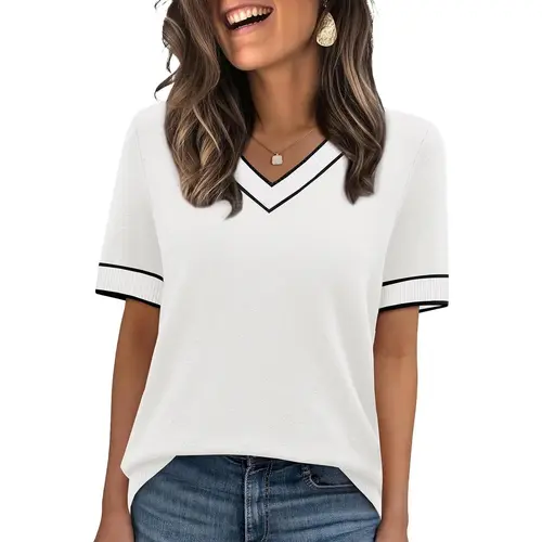 WIHOLL Fashion SwimWeek Short Sleeve Sweater for Women V Neck Spring Summer Tops 2026 Work Business Casual Outfits Trendy Clothes
