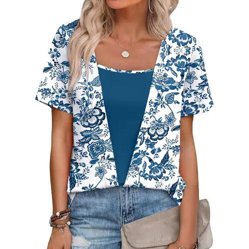 WIHOLL Fashion SwimWeek Womens Summer Tops Trendy 2 in 1 Blouses Short Sleeve Shirts Casual T Shirts Beach Vacation Clothes