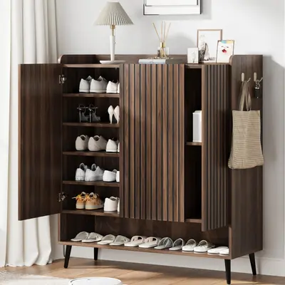 3-Door Large Shoe Cabinet with Adjustable Shelves & Hooks – 6-Tier Wooden Shoe Storage Organizer for Entryway or Hallway – Holds 30+ Pairs of Shoes