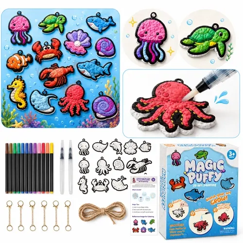 Kids' Magic Puffy 3D Drawing Kit - 36-Piece Sea Animal Handcraft Set with 15 Magic Puffies, 12 Colored Pens, 2 Marker Pen Sets, 6 Keychains, Puffy Paint, Painting Tool, DIY Materials, Birthday Gift, Decoration