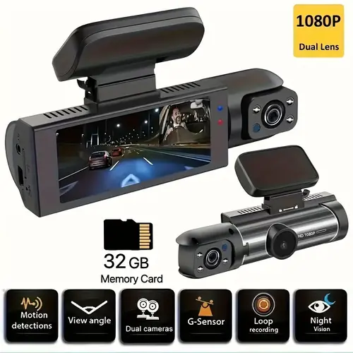 Car Recorder 1080P HD Dual Lens Front Interior IR Night Vision G Sensor Loop Recording Wide Angle 32GB Memory Card USB Power Car Dashboard Camera Parking Monitor Accident Evidence Safety Recorder Auto Electronics Car Gadgets Tech Gifts # DashCam # FYP # C