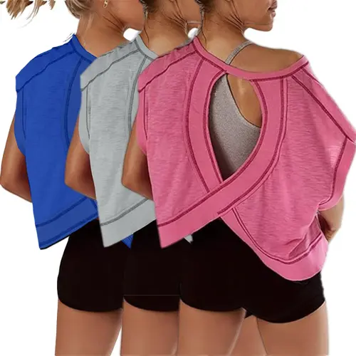 3Pcs/Set Womens Cotton Open Back Top Oversized Short Sleeve Workout Crop Shirts Casual Running Athletic Gym Yoga Activewear Tees Streetwear,summervibes Fitness Clothes Tops Sport Top summerwins,back to school,back to school shopping