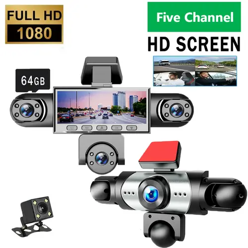 5 Channel 1080P Dashcam DVR with 64GB Memory Card Front Rear Left Right Cameras HD Screen Parking Mode Wide Angle Loop Recording G Sensor Automotive Vehicle Surveillance Accessory for Drivers sohochic