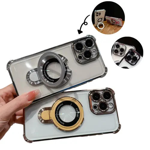 Luxury Electroplated Magnetic Stand Smartphone Case with 4-Corner Airbags, Drop-Proof Minimalist TPU Casing, Full Coverage Protector Accessories for iPhone 17/16/15/14/13/12/11 Pro/XS Max Devices