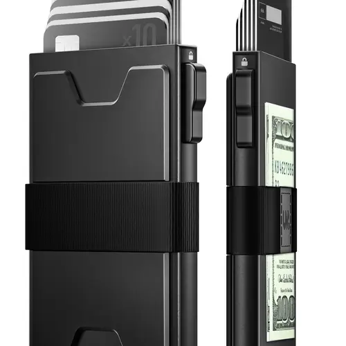 Slim Aluminum Card Holder Wallet for Men Durable Expandable Backplate RFID Blocking Minimalist Metal Pop Up Wallet Holds 12+ Cards Plus Cash Black Ultra Thin Profile Quick Access Large Capacity