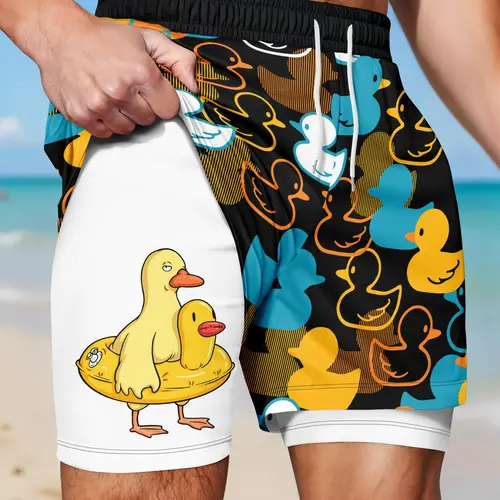Men's Double-Layer Quick-Dry Shorts, Fun Duck Print, Cartoon Pattern, Drawstring Waist, Lined for Privacy, Summer Beachwear, Drawstring Swim Shorts