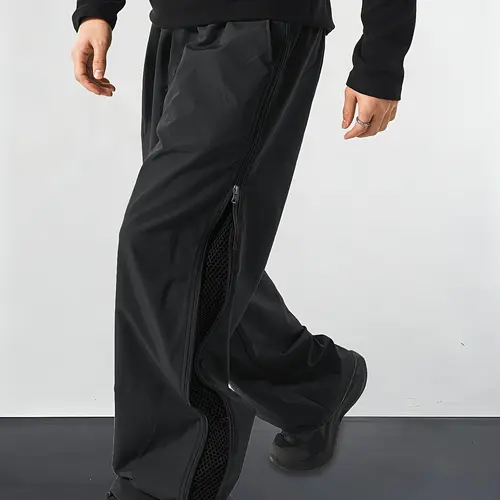 Men's Preppy Tearaway Trousers, Solid Wide-Leg Streetwear with Full Side Zippers and Breathable Windproof Mesh, Baggy, Chic