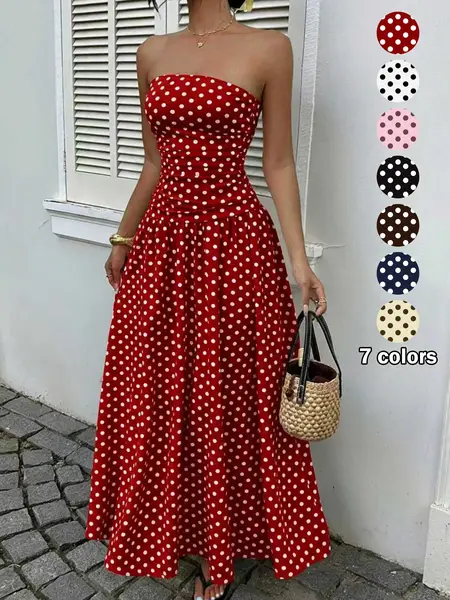New Summer Autumn Sexy Off-Shoulder Polka Dot A-Line Formal Elegant Waist Cinch Slimming Dress Evening Gown, Chic Party Wear Elegance