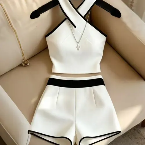 French Contrast Chic Halter Neck Cross-Strap Set, Sleeveless Backless Crop Top and High-Waist Wide-Leg Shorts for Women Going Out Sets