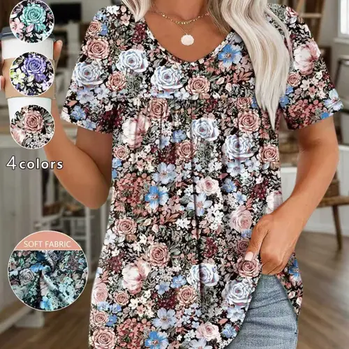 Plus Size Women's Ditsy Floral Print V-Neck Short Sleeve Loose Fit Casual Top, Boho Blouse, Multiple Colors, Comfortable Stylish Everyday Wear