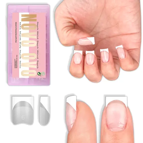 NOVO OVO White French Tip Or Clear Nail Tips, Pre-Painted Short Square Half Cover Soak-Off Soft Gel Press on Nails for DIY Acrylic Extensions, 224 Pcs, 16 Sizes, Diy Fake Nails, Beauty Products【No glue, top coat, or UV lamp】
