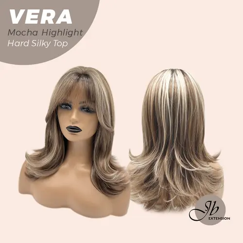JBEXTENSION 17 Inches Scalpiana Curly Mocha Highlight 3.5X4 Hard Silky Top Natural Scalp Effect Wig with Bangs VERA