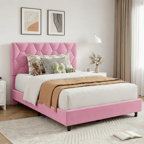 SA-Garvee Pink Twin Bed Frame, Heavy Duty Platform Bed Frame with Upholstered Headboard & Strong Wood Slats, No Box Spring Needed/Noise Free/Easy Assembly,dorm essentials,home decor