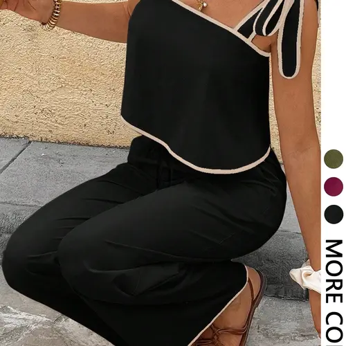 Women's Camisole Sleeveless Top And Pocket Pants Casual 2 Pieces Set Black Summer Casual Black Clothes Womenswear