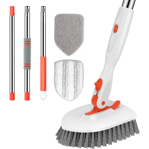 GLUMZRK 3-in-1 Wall & Floor Scrub Cleaner - 52-in Adjustable Long Handle, 3 Detachable Brush Heads - Home Cleaning Tool for Bathroom Grime Lift, Multi-Surface Long Reach Cleaning
