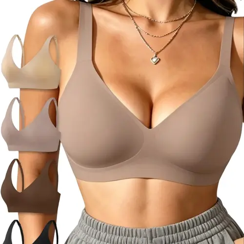 4 Pcs Basic jelly wireless woman comfortable push, Deep V Comfortable Push-Up Bralettes, Breathable Everyday T-Shirt Lingerie, Plain Elegant Nightwear Gift,clothes for back to school,first day of school outfits