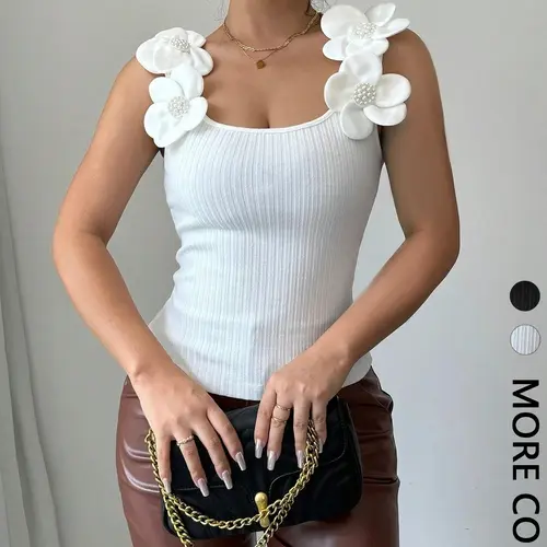 1 Piece Summer Women Lady Slim Bodycon Square Neck Camisole Top, Fitted Cami Top, 3D Flower Decor Sleeveless Ribbed Knit Tank Top, Sexy Waist Shaping Figure Flattering Party Club Night Out Daily Casual Vintage Elegant Going Out Fashion Clothes