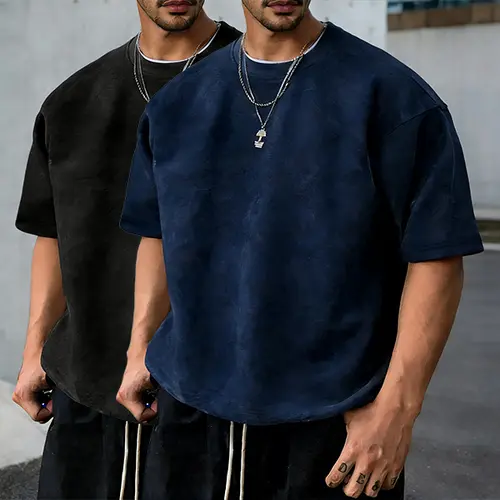 Men's Solid Color Suede Tee, Regular Fit Casual Short Sleeve Crew Neck T-Shirt for Summer, Fashion Men's Top for Daily Wear