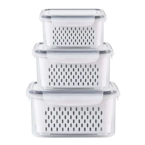 summerwins Airtight BPA-Free Plastic Food Storage Containers 3-Pack (3.15L+1.7L+0.8L) with Lids & Strainer - Kitchen Gadgets for Fridge Storage, Stackable, Strain Veggies Fast, Keep Lettuce Dry, Organize Produce Meat