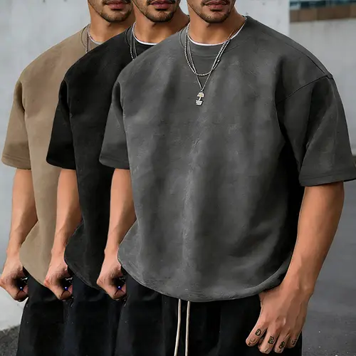 Men's Solid Color Suede Tee, Regular Fit Casual Short Sleeve Crew Neck T-Shirt for Summer, Fashion Men's Top for Daily Wear