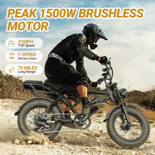 【F-VOLTVOGUE】 Electric Bike, Peak Power 1500W, Full Suspension, Top Speed 31 MPH, Range 40-70 Miles, 48V 20Ah Removable Battery, 2-Seater Design, LED Headlights, 20-Inch All-Terrain Fat Tires, UL 2849 Certified.  Ebike  Electric Motorcycle【BK20】