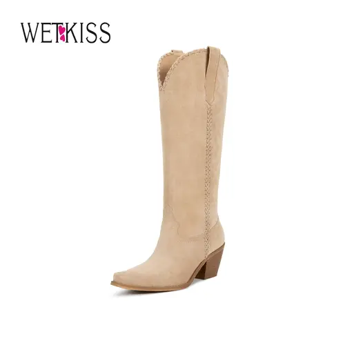 Wetkiss Women’s Classic Cowgirl Boots, Knee High Braided Design Boots, Side Zipper Block Heel, Vintage Fashion Style Essential, shoes for back to school#WeeklyDeals#tiktokshopbacktoschool